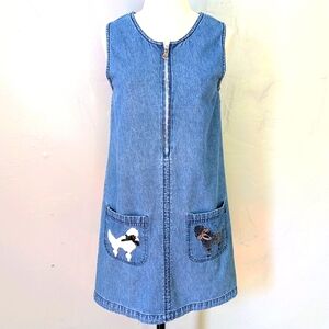 Whoa! Vintage cotton denim mod mini dress with poodles on the pockets. Medium.